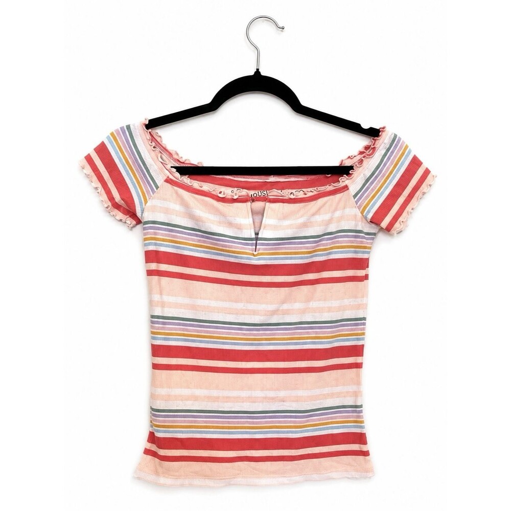 bohemian surf babe off-the-shoulder striped ruffle top size medium